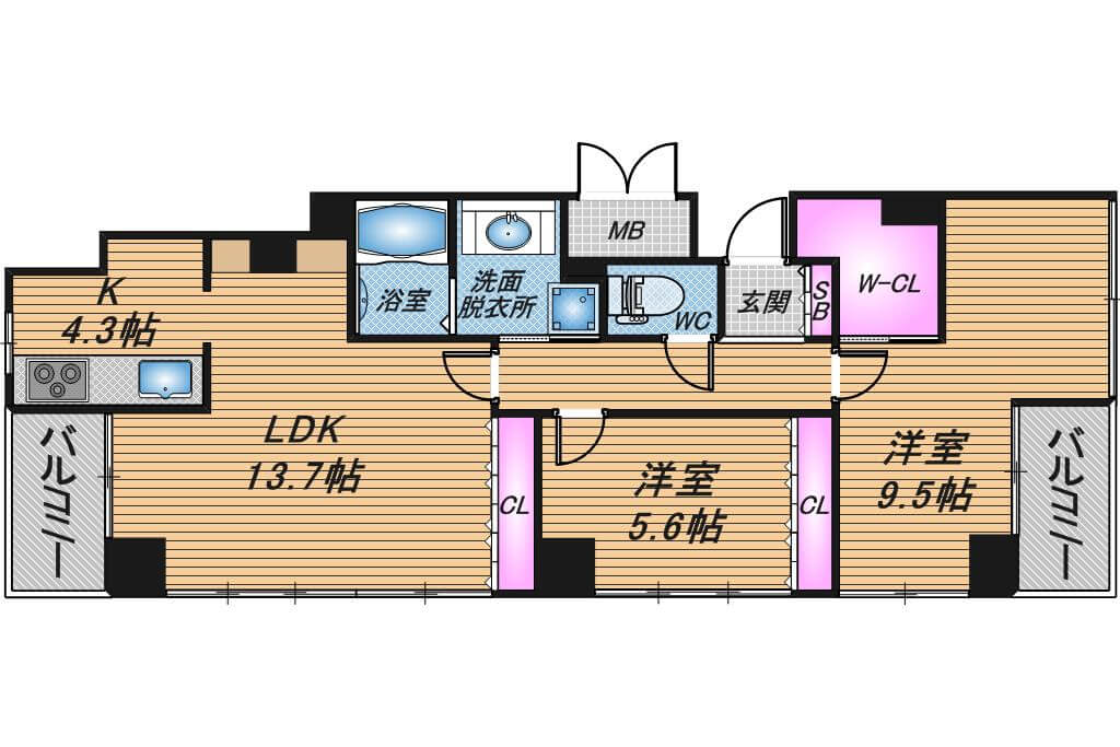 アステリオ北堀江ザ・メトロタワー　2LDK　間取り