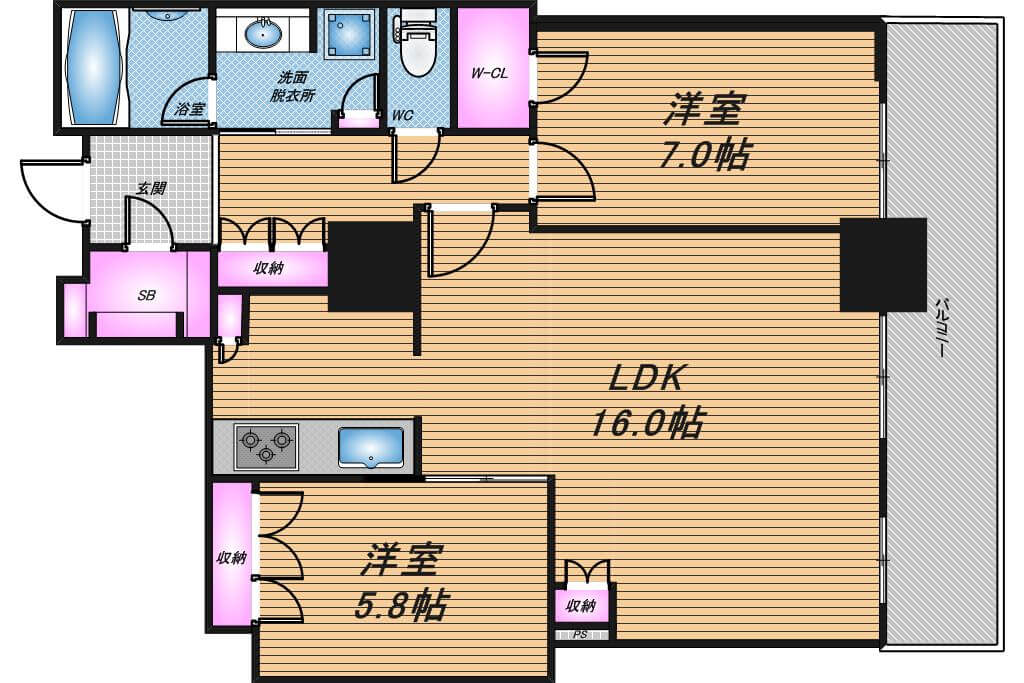 阿波座ライズタワーズフラッグ46　2LDK　間取り