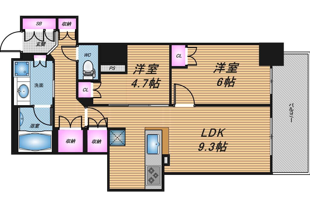 阿波座ライズタワーズフラッグ46　2LDK　間取り