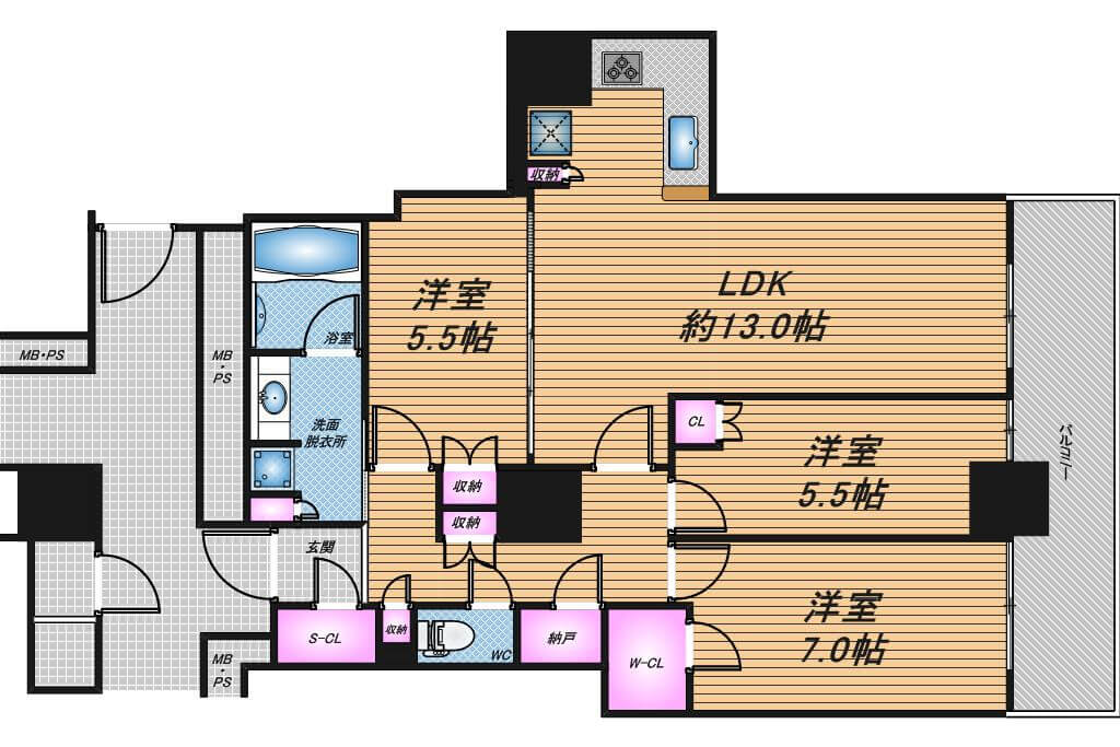 阿波座ライズタワーズフラッグ46　3LDK　間取り