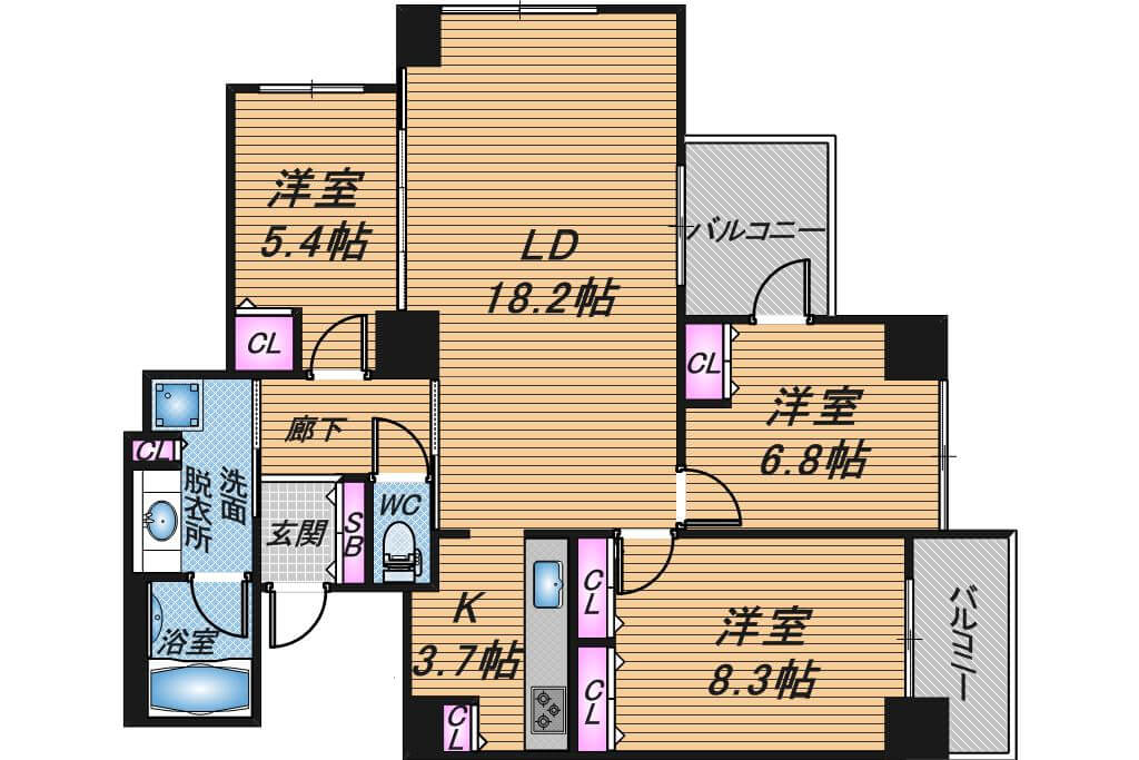 ベルファース大阪新町　3LDK　間取り