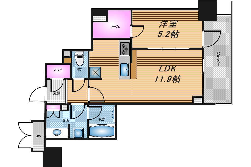 ブランズタワー御堂筋本町　1LDK　間取り