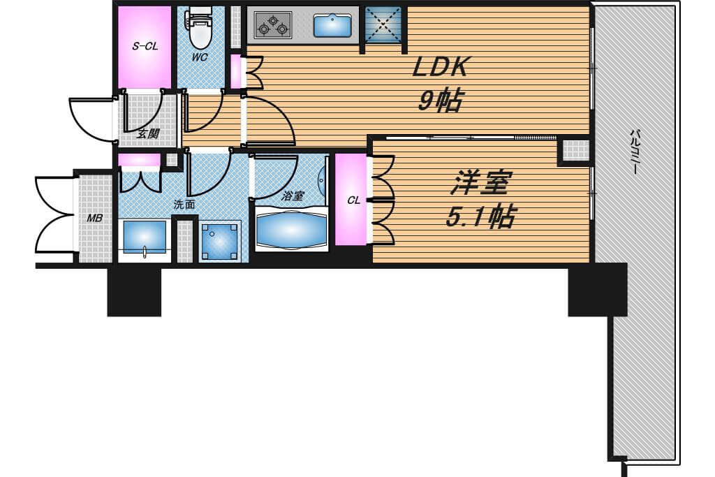 ブランズタワー御堂筋本町　1LDK　間取り