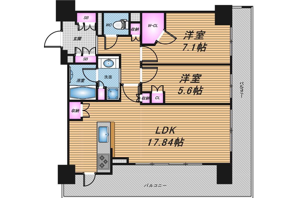 ブランズタワー御堂筋本町　2LDK　間取り