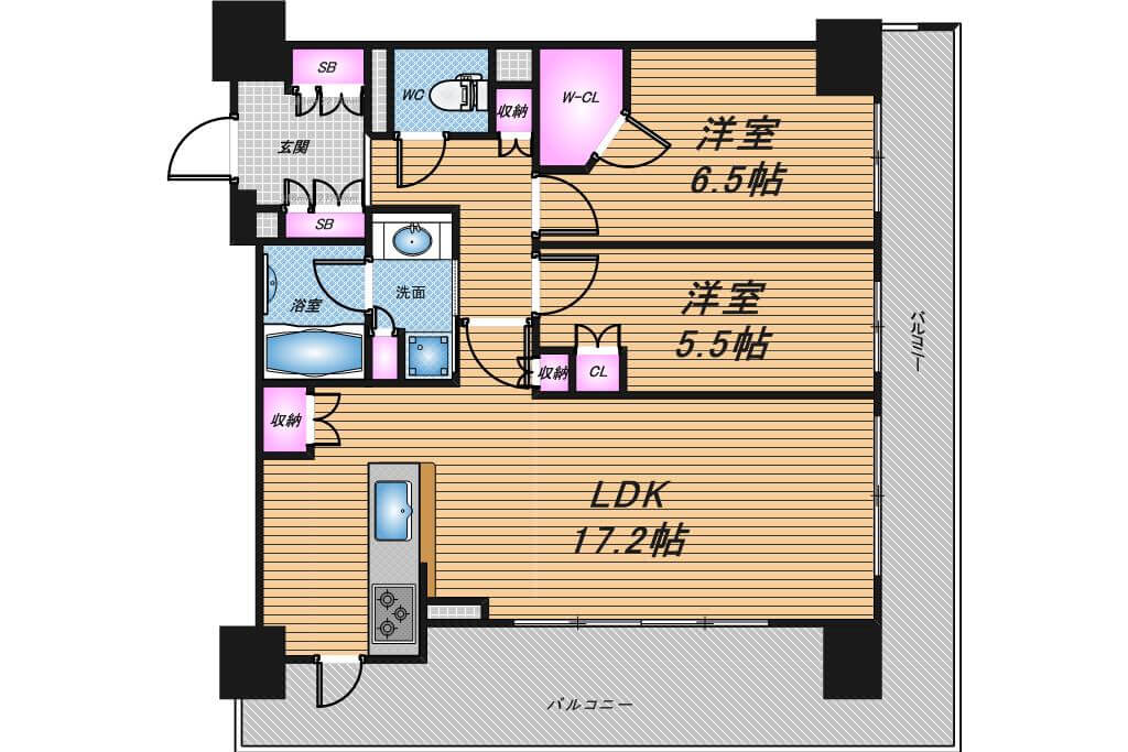 ブランズタワー御堂筋本町　2LDK　間取り