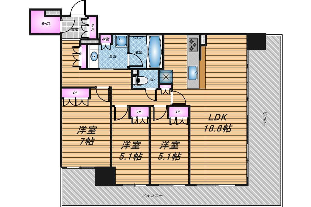 ブランズタワー御堂筋本町　3LDK　間取り