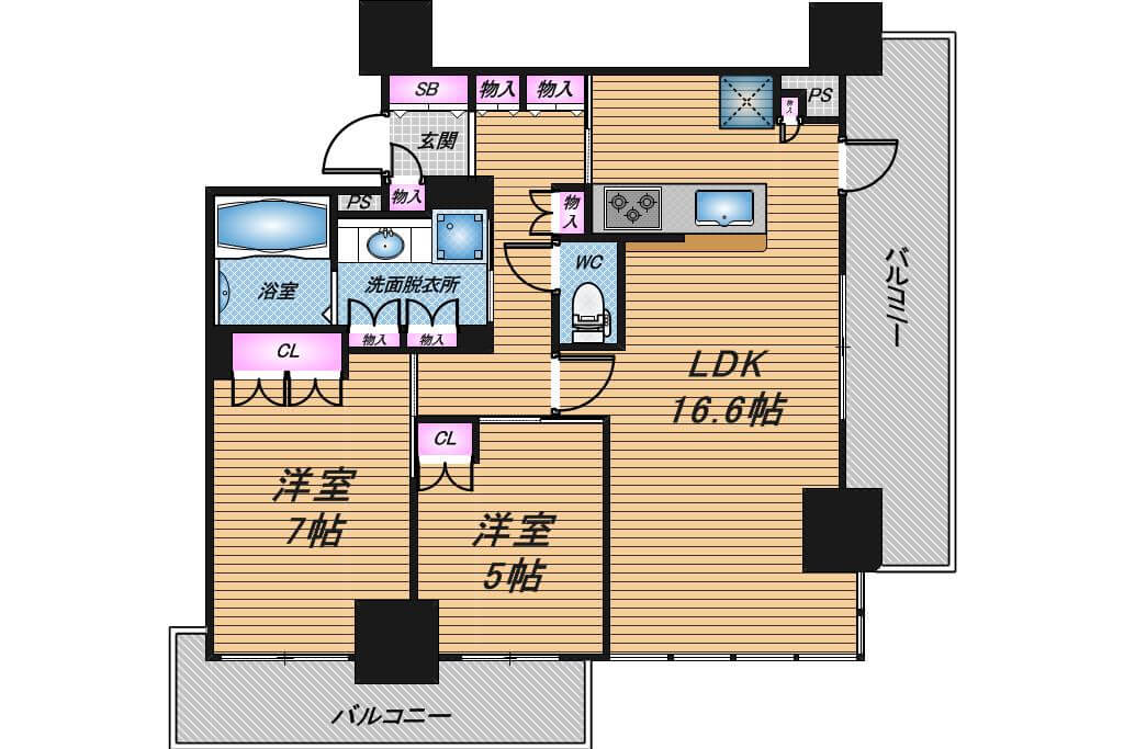 ブランズタワー・ウェリス心斎橋SOUTH　2LDK　間取り