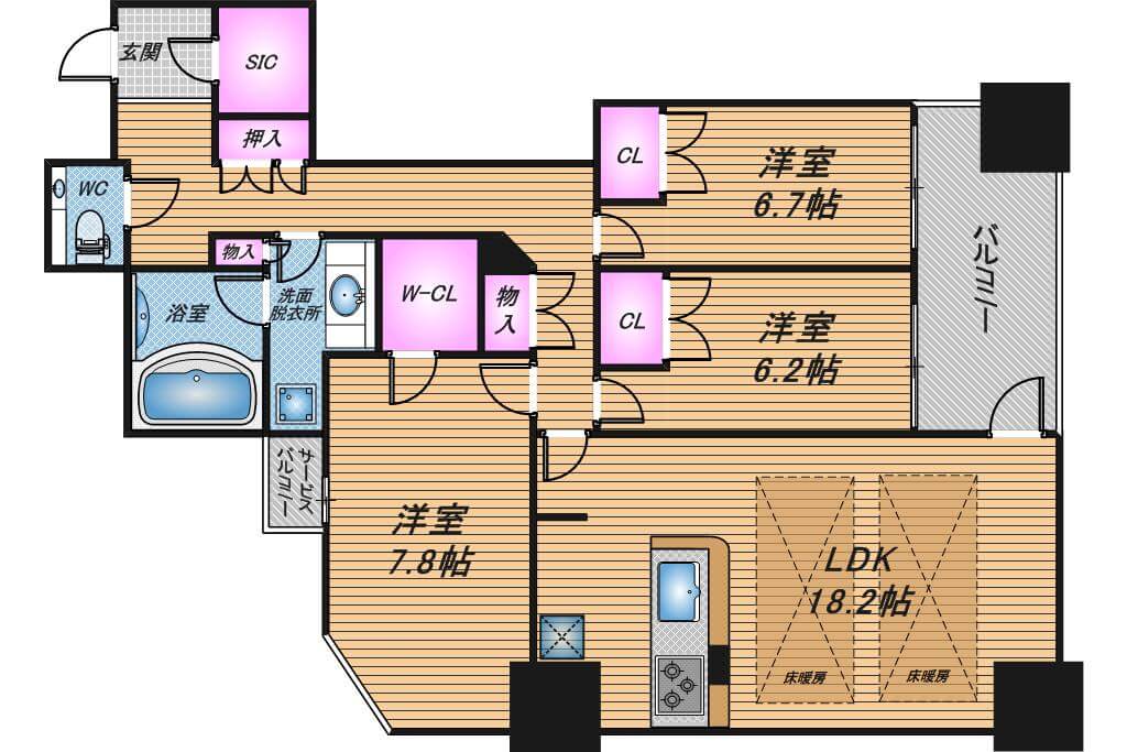 クレヴィアタワー大阪本町　3LDK　間取り