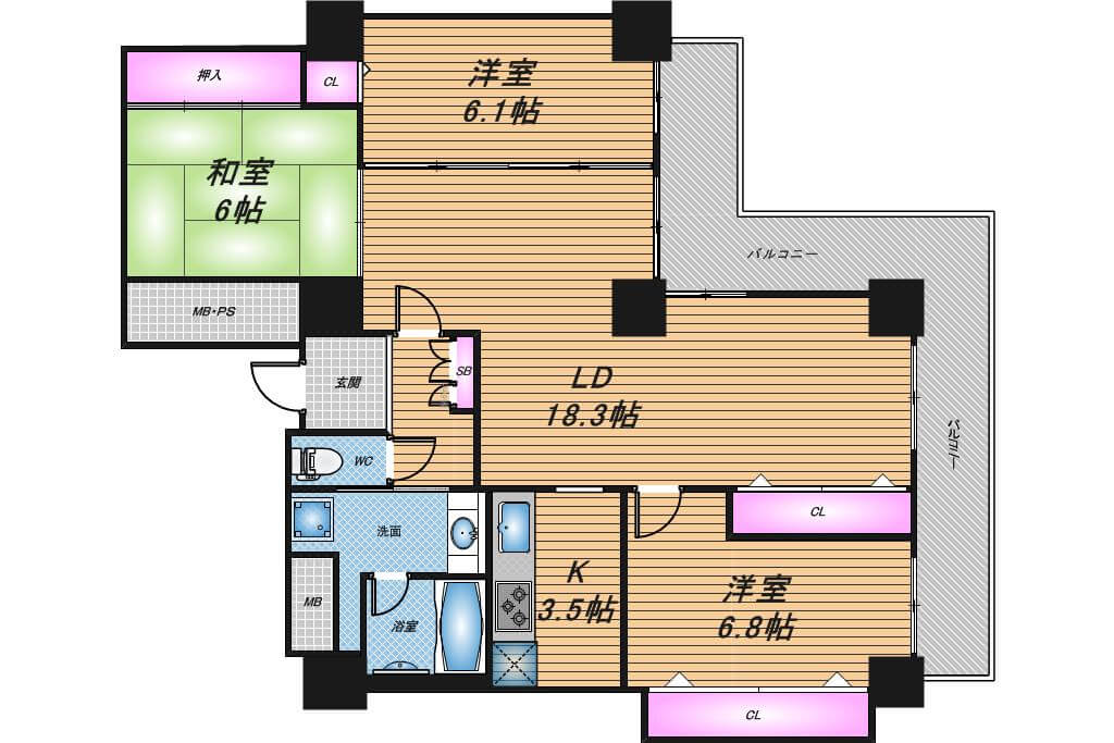 キングマンション堂島川　3LDK　間取り