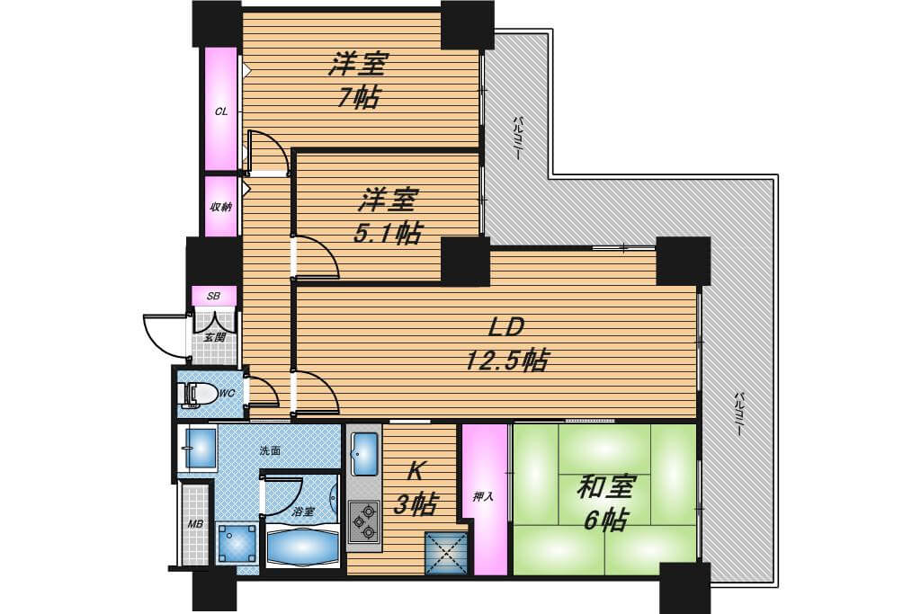 キングマンション堂島川　3LDK　間取り