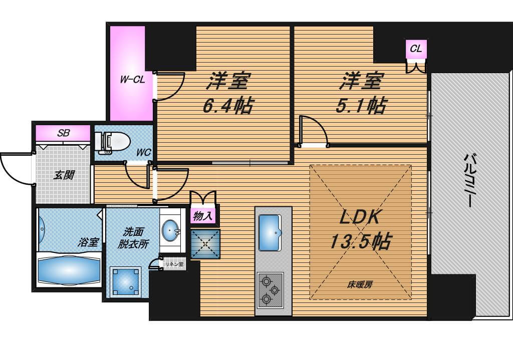 ローレルタワー夕陽丘ウエストレジデンス　2LDK　間取り