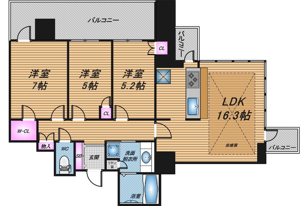 ローレルタワー夕陽丘ウエストレジデンス　3LDK　間取り