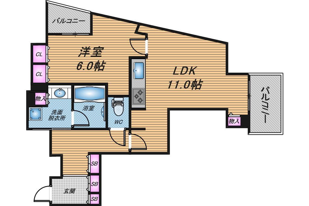 プラウドタワー北浜　1LDK　間取り