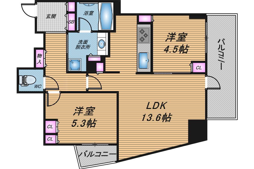 プラウドタワー北浜　2LDK　間取り