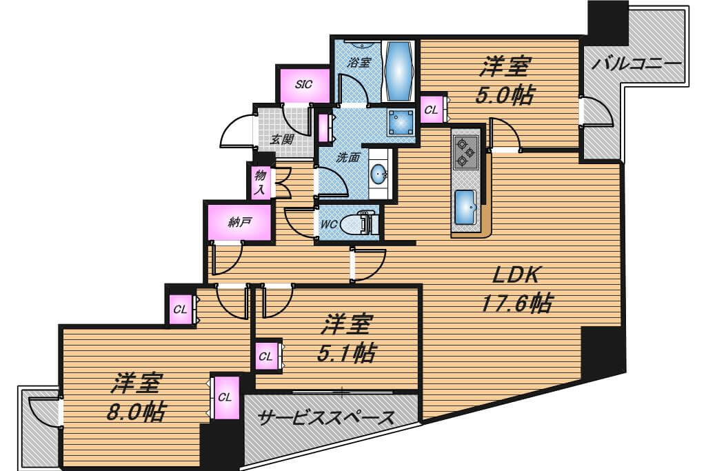 プラウドタワー北浜　3LDK　間取り