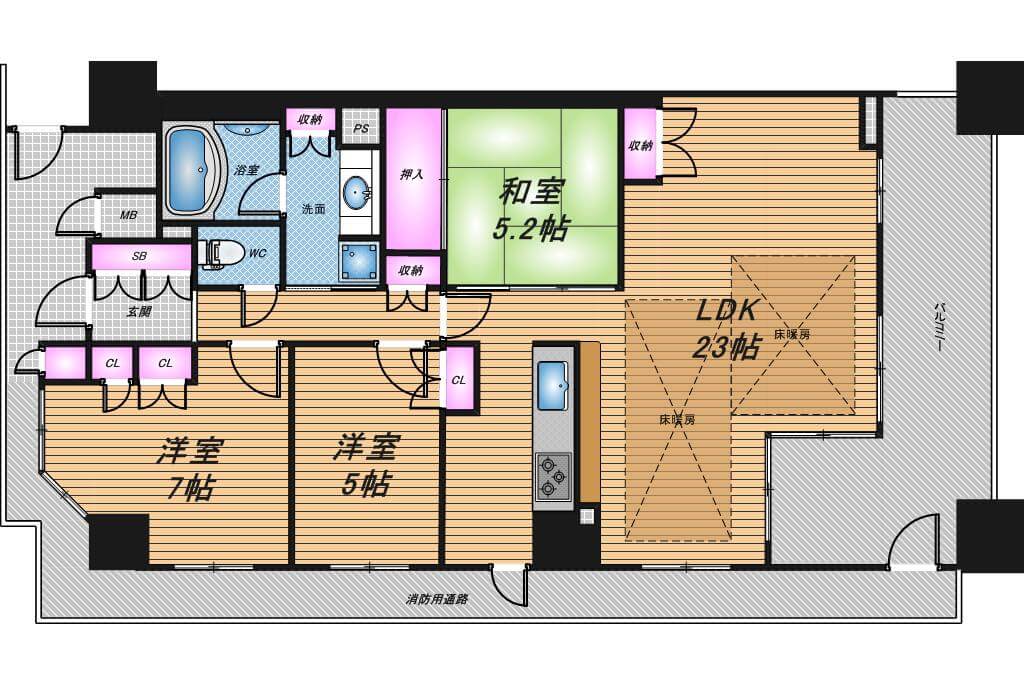 リバーガーデンコスモスクエア　3LDK　間取り