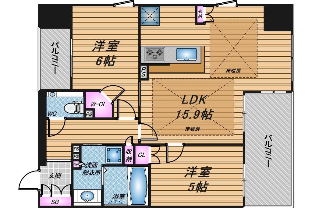 ワコーレ大阪新町タワーレジデンス　2LDK　間取り