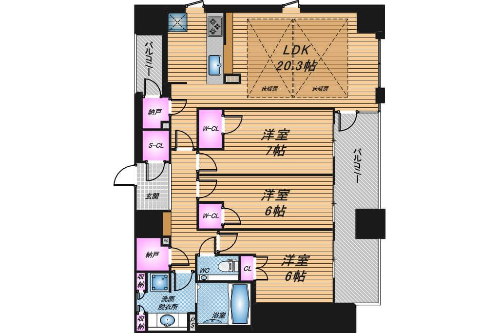 ワコーレ大阪新町タワーレジデンス　3LDK　間取り