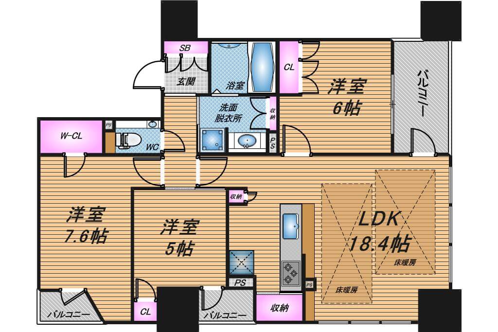 ワコーレ大阪新町タワーレジデンス　3LDK　間取り