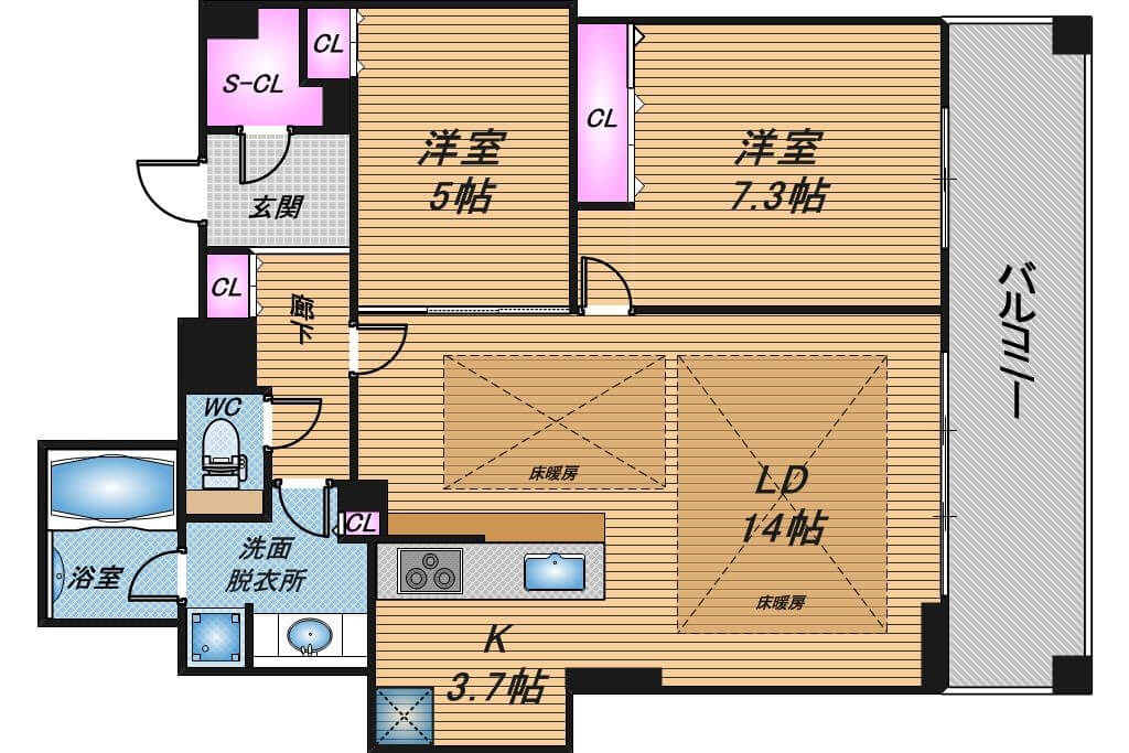 ブランズタワー南堀江　2LDK　間取り