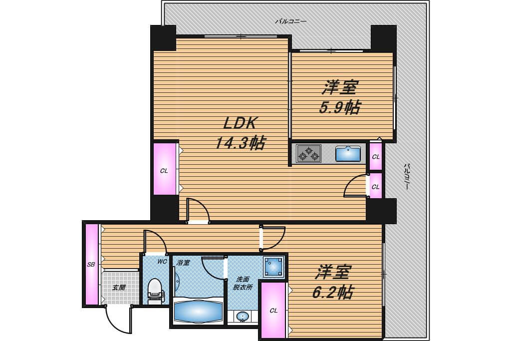 カスタリアタワー長堀橋　2LDK　間取り