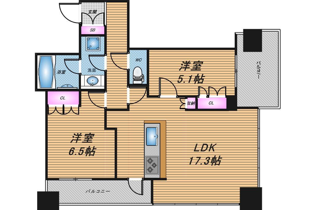 エルグレースタワー大阪同心　2LDK　間取り