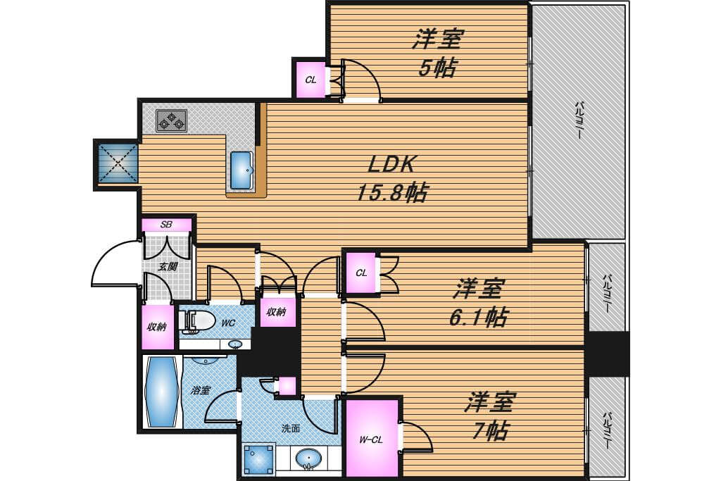 エルグレースタワー大阪同心　3LDK　間取り