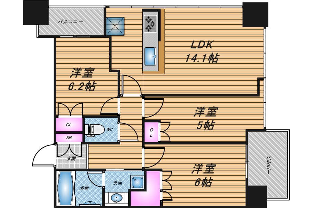 エルグレースタワー大阪同心　3LDK　間取り