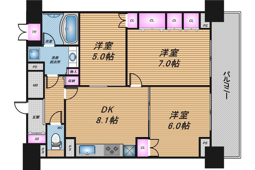 エスリード長堀タワー　3DK　間取り