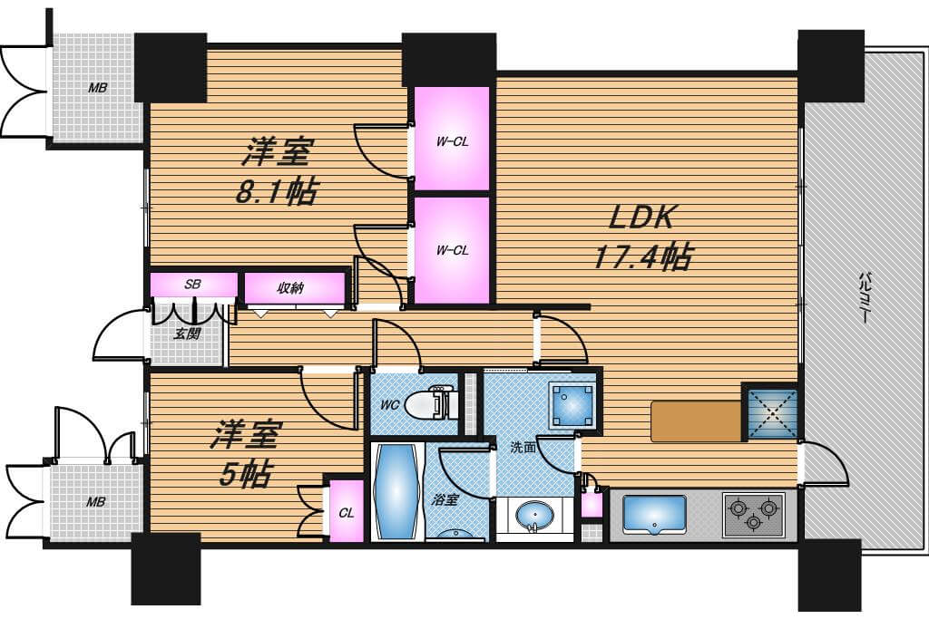 ローレルコート与力町エルグレース　2LDK　間取り