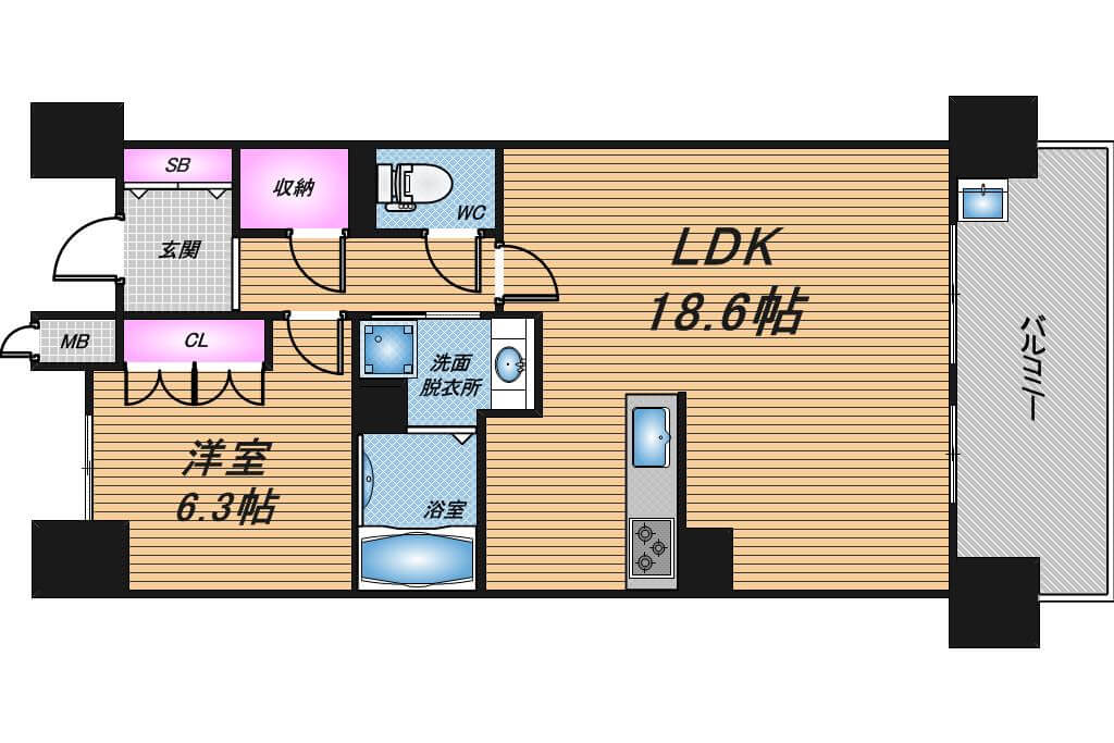 ローレルタワー南森町ル・サンク　1LDK　間取り