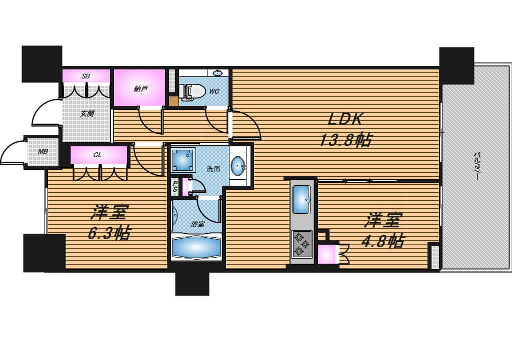 ローレルタワー南森町ル・サンク　2LDK　間取り