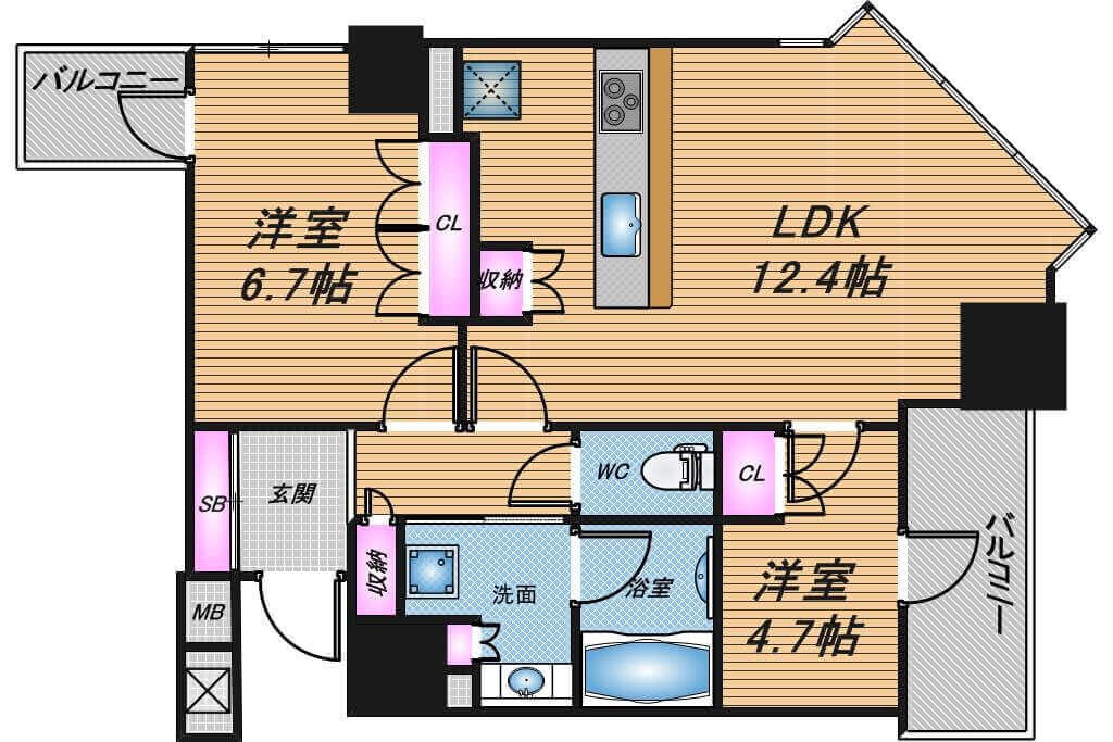 パークタワー北浜　2LDK　間取り