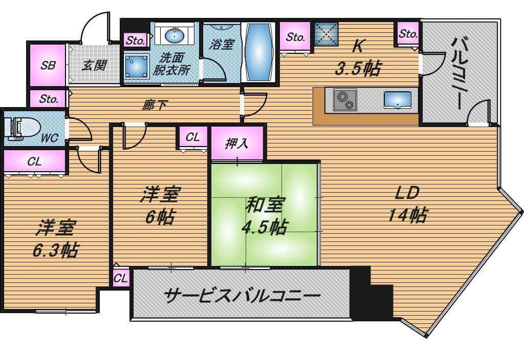 パークタワー北浜　3LDK　間取り